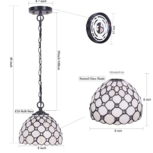 Small Tiffany Pendant Light 8 inch Tiffany Style Stained Glass Pendant Hanging Lamp Small Vintage Hanging Light Fixtures for Home Living Room Restaurant Hallway (White Amber Pearl Beads Style) - color: Cream Pearl Bead Style