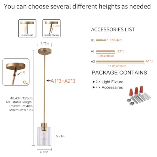 Brass Pendant Lights Kitchen Island,Modern Farmhouse Clear Glass Pendant Light,Gold Light Fixture Kitchen Pendant Mini Hanging Light Fixture for Sink (Brass 2 Pack stem Rod) - color: brass 2 pack stem rod