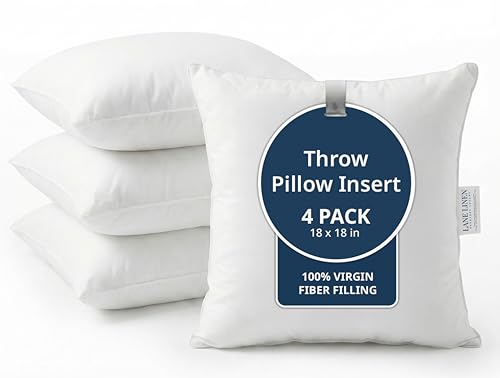 LANE LINEN 4 Pack 18x18 White Throw Pillow Inserts for Decorative Pillow Covers, Couch Pillows for Living Room, Fluffy Pillows for Bed - size: 18" x 18"