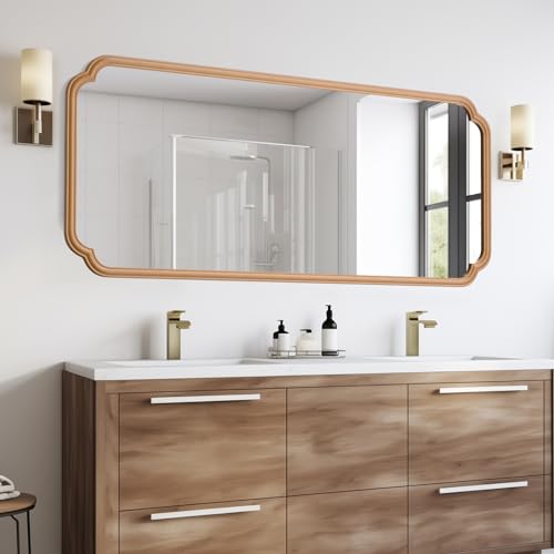 Ferytange Natural Wood Framed Bathroom Mirror for Wall, 60X24 Inch Wood Bathroom Vanity Mirror Farmhouse, Large Rounded Rectangle Mirror, Tempered Glass, Hangs Horizontally or Vertically - color: Natural Wood, size: 60"L x 24"W