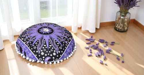 Round Mandala Floor Pillow Cover Seating Cushion Throw Cover Hippie Decorative Bohemian Ottoman Pouf Cover, Pom Pom Pillow Cases,Boho Indian 32 Inches Purple Burning Sun - color: Purple, size: 32" Round