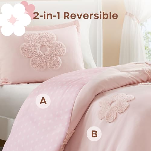 Intelligent Design Kids Twin Duvet Cover Set for Girls, Tufted Chenille Floral Duvet Set Twin, Lightweight Duvet Reversible Bedding Cover - color: Pink, size: Twin