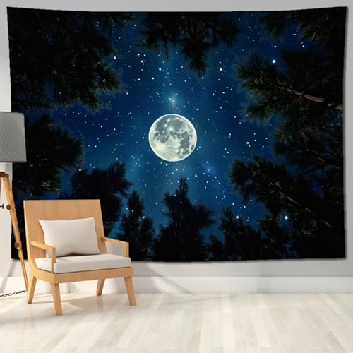 keowhsf Forest Galaxy Tapestry for Bedroom Ceiling - Starry Night Sky with Moon and Trees, Blue Aesthetic Wall Hanging, Milky Way Landscape Backdrop for Living Room and Dorm Decor - color: StarryNight, size: 80"L x 60"W