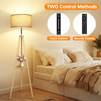 OUTON Wood Tripod Floor Lamp with Shelves, Mid Century LED Modern Dimmable Floor Lamp with Remote Control, Sturdy Tall Standing Lamp with Beige Lamp Shade for Living Room, Bedroom, Office - color: Wood & Touch Control
