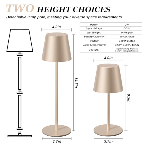 Kakanuo Champagne Gold Cordless Table Lamp Rechargeable - 2 Pack Battery Operated Lamp for Counter, 3 Color Stepless Dimming Wireless Lamp for Dining Kitchen, Outdoor Patio, Touch Control - color: Champagne Gold, size: 2 Pack 14in - Down Light
