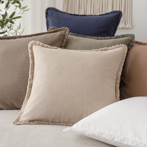 Foindtower Decorative Linen Fringe Throw Pillow Covers Cozy Boho Farmhouse Cushion Cover with Tassels Soft Accent Pillowcase for Chair Sofa Bed Living Room Home Decor, 16×16 Inch, 1PC,Tan Beige - color: Semolina, size: 16" x 16" (Pack of 1)