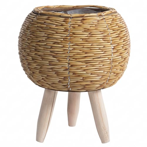 Flower Pots Boho Plant Stand, Wicker Basket Plant Stand with Wood Legs, Light Brown Rattan Plants Table for Home Decor, Office, Cafe