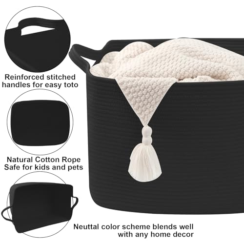 96L Large Blanket Basket,24"x16"x15"Rectangle Storage Bin with Handles,Woven Rope Laundry Basket for Toys, Clothes,Magazines,Home Organization,Nursery,Living Room & Bedroom,Black - color: Black, size: 24"x16"x15"(96L)