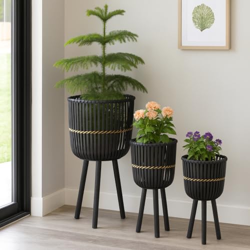 Decorative Bamboo Footed Planters for Home Decor - Garden Plant Pots for Indoor Living Room Decor or Outdoor Patio Areas - Flower Pots for Entryway and Backyard - Set of 3, 27", 23", 19", Black - color: Woven Black, size: 26" H