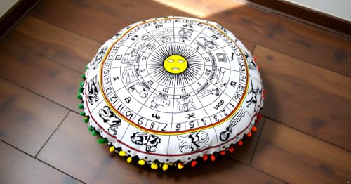 Black and Yellow Zodiac Round Mandala Floor Pillow Cover Seating Cushion Throw Cover Hippie Decorative Bohemian Ottoman Pouf Cover, Pom Pom Pillow Cases,Boho Indian 32 Inches - color: Black/Yellow, size: 32" Round