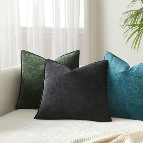 JUSPURBET 16x16 Black Throw Pillow Covers Set of 2 Decorative Pillow Covers for Couch Sofa Bed Cozy Chenille Cushion Covers Cases with Invisible Zipper for Living Room Home Decor - color: Black, size: 16" x 16" (Pack of 2)