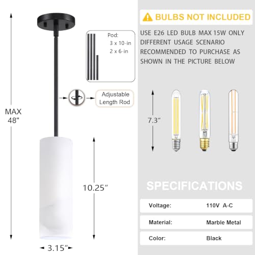 1 Light Hanging Natural Alabaster Marble 2 Pack Pendant Ceiling Light Fixture,Modern Industrial Farmhouse Kitchen Island Light Black Finish Over Sink Restaurant bar Corridor - color: Black 3.2" Marble, size: 2 Pack