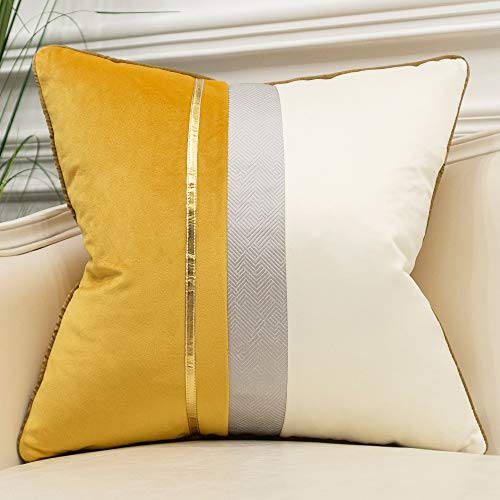 Avigers 16 x 16 Inches Yellow White Gold Leather Striped Patchwork Velvet Cushion Case Luxury Modern Throw Pillow Cover Decorative Pillow for Couch Living Room Bedroom Car - color: Yellow, size: 16" x 16" (Pack of 1)