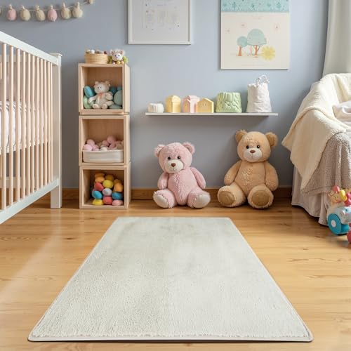 jinchan Solid Plush Area Rug 3x5 Performance Shaggy Washable Rug Indoor Soft Modern Faux Wool Cozy Non Slip Carpet for Living Room Kids Room Bedroom Dining Room Nursery Ivory - color: Solid Ivory, size: 3' x 5' (Rectangular)