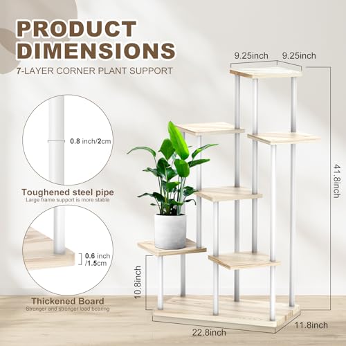 7 Tier Plant Stand Indoor, Thickened Metal Wood Corner Plant Shelf Stands for Multiple Plants, Indoor Tall Plants Stand Tiered Flower Holder for Living Room Patio Garden Balcony(White+Oak) - color: White+Oak, size: 7 Tier