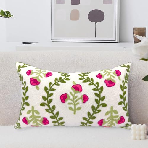 Alysheer Flower Embroidered Summer Decorative Lumbar Throw Pillow Cover 12"x 20", Farmhouse Cottage Hot Pink Floral Green Leaves Patterned Cotton Canvas Cushion Case for Sofa Couch Bed Living Room - color: Hot Pink, size: 20" x 12" (Pack of 1)