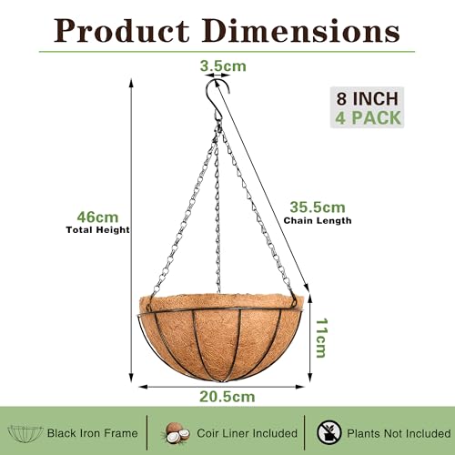 EIMQUVW Outdoor Metal Hanging Planters Basket (4pack, 8 inch) Hanging Baskets for Plants Chain Round Wire Plant Holder with Coco Fiber Liners for Garden, Patio, Deck, Porch - size: 8 Inch