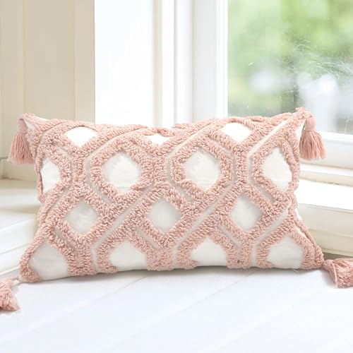 Boho Pillow Covers 12X20 Inch Boho Tufted Throw Pillow Covers Decorative Tassels Cushion Cover Farmhouse Pillow Case for Couch Sofa Bed Living Room Bedroom, Blush - color: Boho Blush, size: 20" x 12" (Pack of 1)