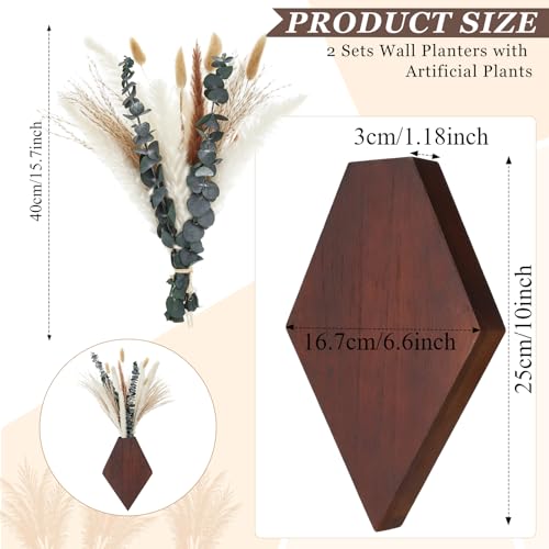 2 Pcs Bohemian Wooden Wall Planter Set with Pampas Grass Modern Farmhouse Wall Decor for Living Room, Bathroom, Bedroom, Office(Brown,Natural Style) - color: Brown, style: Natural Style