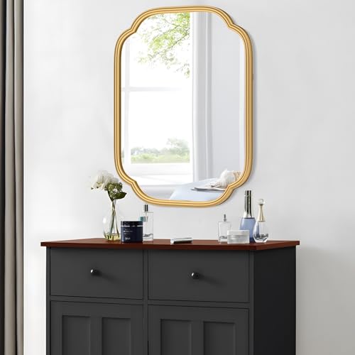 Ferytange Gold Mirrors for Bathroom, 18" x 24" Rectangular Wall Mirror for Bathroom Metal Frame Farmhouse Rounded Corner Wall Mirror (Horizontal/Vertical) - color: Gold, size: 24"L x 18"W