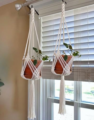 2 Pack Macrame Planter Hanger for up to 8" Pot, Indoor Hanging Planter | Plant Hanger Indoor, Hanging Plants Holder Basket | No Plant or Pot Included - color: Beige