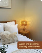 EDISHINE Small Table Lamp, Rattan Wood Tripod Bedside Lamp, Boho Nightstand Lamp for Living Room, End Table, Office, E26 Base, Natural Style - style: W-shaped Wave