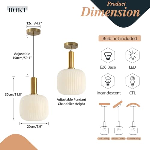 BOKT Pendant Lights Kitchen Island Brass Modern Gold Pendant Light Fixtures 7.9" Vintage Adjustable Height Hanging Lamp with Milk White Glass Shade for Entryway Dining Room Hallway - color: Milk White