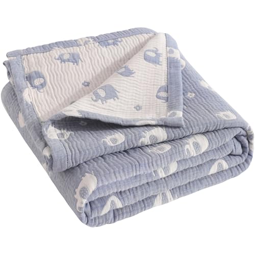 NTBAY 3 Layer Muslin Cotton Toddler Blanket, Jacquard Reversible Nursery Bed Blanket, Super Soft and Thermal for All Seasons, Decoration Gift, 30"x40", Blue Elephant - color: Blue Elephant, size: 30x40 Inch (Pack of 1)