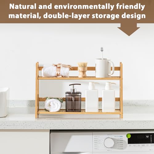 Yalikop 2 Pcs 17.7 Inch 2 Tier Matcha Station Shelf Bamboo Coffee Mug Stand Countertop Storage Rack, Double Layer Rattan Office Cup, Kitchen, Tea, Plant, Bar Accessories Condiment Display (Wood)