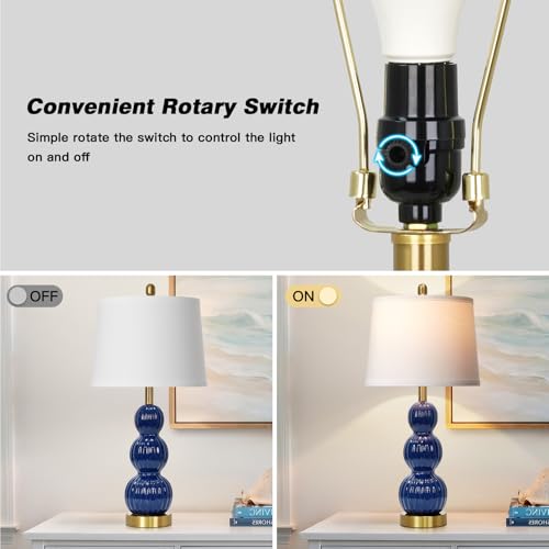 28" Navy Blue Table Lamps Set of 2 for Living Room, Modern Ceramic Bedside Lamps for Bedroom, Ribbed Gourd Table Lamps for Nightstand (2 LED Bulbs Included) - color: Navy Blue - 28"H