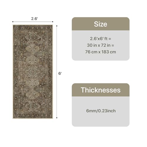 Bavni Washable Runner Rug 2’6”x6’, Non Slip Vintage Hallway Runner, Ultra Thin Low Pile Washable Carpet for Kitchen Entryway Bedroom, Brown - color: Brown, size: 2'6" x 6' (Rectangular)