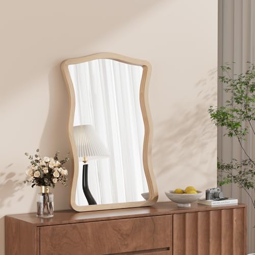 ULIKE Wavy Wall Mirror for Bathroom, 24x36 Wood Frame Mirror for Over Sink, Rustic Wall Mirrors Decorative and Vanity Mirrors for Bedroom Living Room Entryway, Natural - color: Rectangular Wood