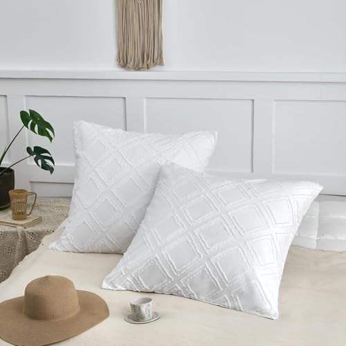 Square Pillow Shams 2 Pack, Square Size Pillowcases, Soft Microfiber Geometric Tufted Pillow Covers with Envelope Closure, White, 26x26 Inches (No Insert) - color: White-grid, size: Square(26*26)