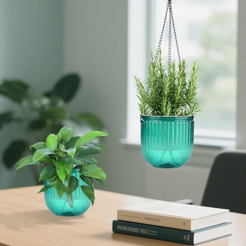 4 Pack Self Watering Hanging Planters with Drainage Holes –Hanging planters for Indoor Plants, Flowers, Succulents – Lightweight, Durable Hanging Baskets Green - color: Emerald Green