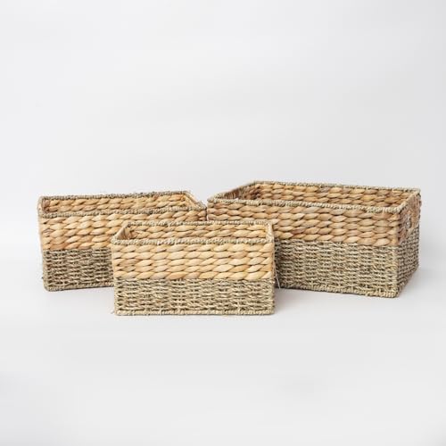 YAHUAN Natural Water Hyacinth & Seagrass Woven Storage Baskets – Wicker Storage Basket Organizer Bins with Handles for Home & Office Pantry Shelf (Set of 3) - color: Set of 3
