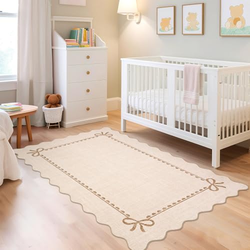 GarveeHome Scalloped Bow Rug for Living Room, Solid Beige Rug for Dorm, Washable Rugs 4x6 Soft Low Pile Non Slip Scalloped Rugs for Nursery Bedroom Decor Hallway Kids Room Playroom - color: Beige, size: 4' x 6' (Rectangular)