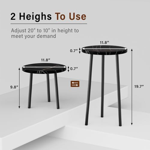 Plant Stand Indoor 2 Pack: Tall Plant Stand 20 Inch Convertible Multi-purpose Flowers Holder - Small Round Side End Table Mid Century Modern Decor - Plant Table for Home Decor - color: Black Marble, size: 20"&20"
