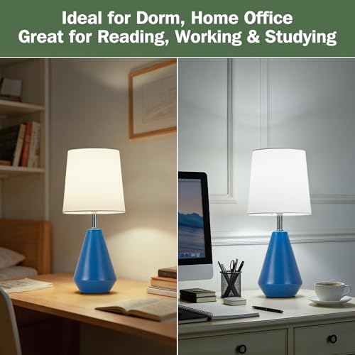 Small Bedside Table Lamp for Bedroom - Reading Desk Lamp with 3 Color Temperatures，15.5" Nightstand Ceramic Lamp with Fabric Shade for Kids Room,Living Room,Dorm,Home Office (Blue+White) - color: Blue+White, size: 15.5"