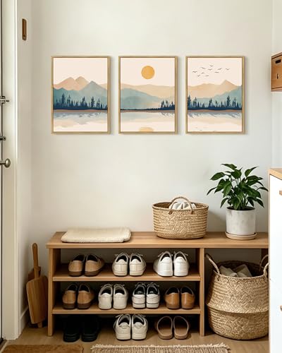 KUVIOKE Mountain Landscape Framed Wall Art Watercolor Nature Laker Painting Sun Rises Boho Farmhouse Rustic Home Decor 11x14in (Natural Framed) - color: Laker and Mountain, size: 11 x 14in x 3 Panels Natural