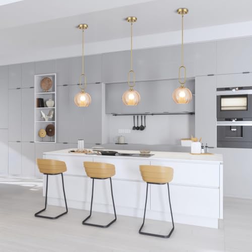 Amber Glass Pendant Light Set of 2 Modern Globe Pendant Lighting Nordic Ribbed Gold Ceiling Hanging Chandelier with Brushed Brass Adjustable Rods Dining Room Kitchen Island Light Fixture - color: Gold-Amber 2 Pack