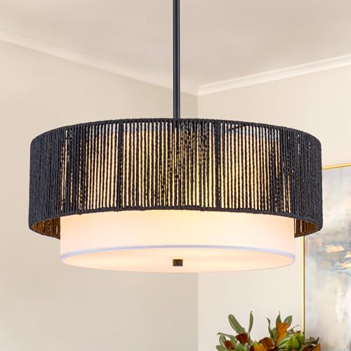 18'' Farmhouse Rattan Chandeliers for Dining Room,3-Light Boho Light Fixtures Rattan Pendant Light Fixture with Fabric Shade Drum Chandeliers for Bedroom Dining Room Foyer Kitchen Hallway（Black） - color: Black, size: 18 inch Drum
