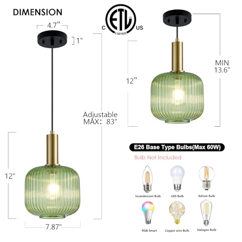 8 Inch Green Glass Pendant Lights Small Modern Chandelier Pendant Lighting Mid Century Hanging Lights Adjustable Kitchen Island Light for Dining Room Bedroom Hallway - color: 8 Inch Green