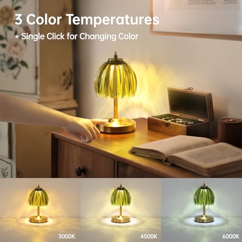 Shenmoyl Tulip Small Table Lamp, 5200mAh Cordless Touch Control Mini Table Lamp with 3 Color Temps & Stepless Dimming, Perfect for Small Spaces Like Dressers, Bedsides, Bookshelves (Green Tulip) - color: Green Small, size: 1 Pack