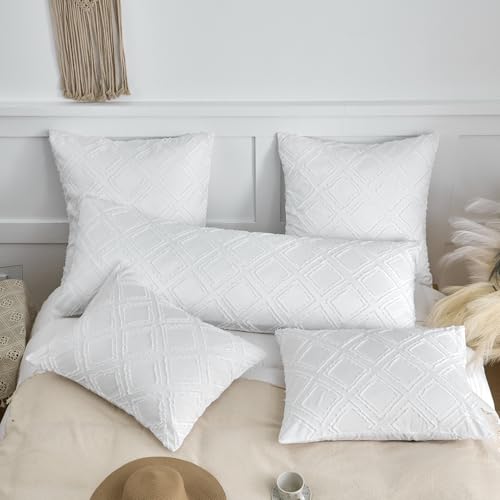 King Pillow Shams 2 Pack, King Size Pillowcases, Soft Microfiber Geometric Tufted Pillow Covers with Envelope Closure, White, 20x36 Inches (No Insert) - color: White-grid, size: King(20*36)