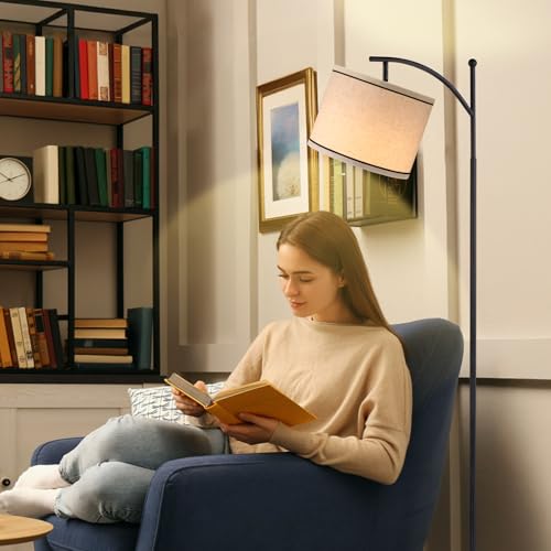 Ambimall 60" Floor Lamp for Living Room with 3 Color Temperatures, Beige Lampshade with Black Stripes, Tall Lamp for Bedroom Office, 9W Bulb Included - color: Black Stripes & Black