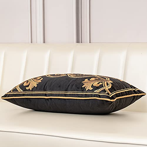 Aeckself European Floral Pillow Cover 12x20 Inch, Luxury Velvet Embroidered Decorative Lumbar Throw Pillow Cover for Couch Bedroom Living Room, Black and Gold - color: Black Gold, size: 20" x 12" (Pack of 1)