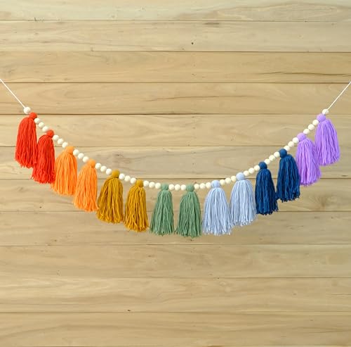 DCJHFJ Boho Tassel Garland Wall Hanging with Wood Beads Colorful Tassel for Kids Room Bedroom Classroom Nursery Dorm Decorations - color: Rainbow