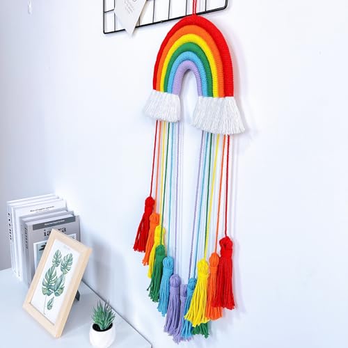 Rainbow Macrame Wall Hanging - Hand-Woven Cotton Tassel Tapestry Decor for Baby Room, Nursery, and Home Decor (Red Rainbow) - color: Red Rainbow