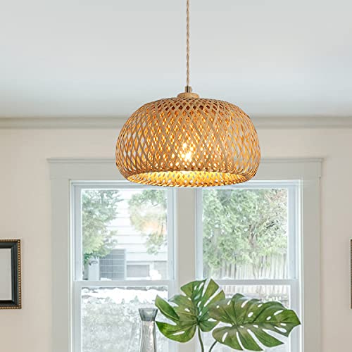 Bamboo Pendant Light Fixture One-Light Adjustable Boho Basket Handmade Woven Pendant Lighting for Kitchen Island Sink Farmhouse Dining Room - color: Natural-3