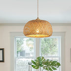 Bamboo Pendant Light Fixture One-Light Adjustable Boho Basket Handmade Woven Pendant Lighting for Kitchen Island Sink Farmhouse Dining Room - color: Natural-3